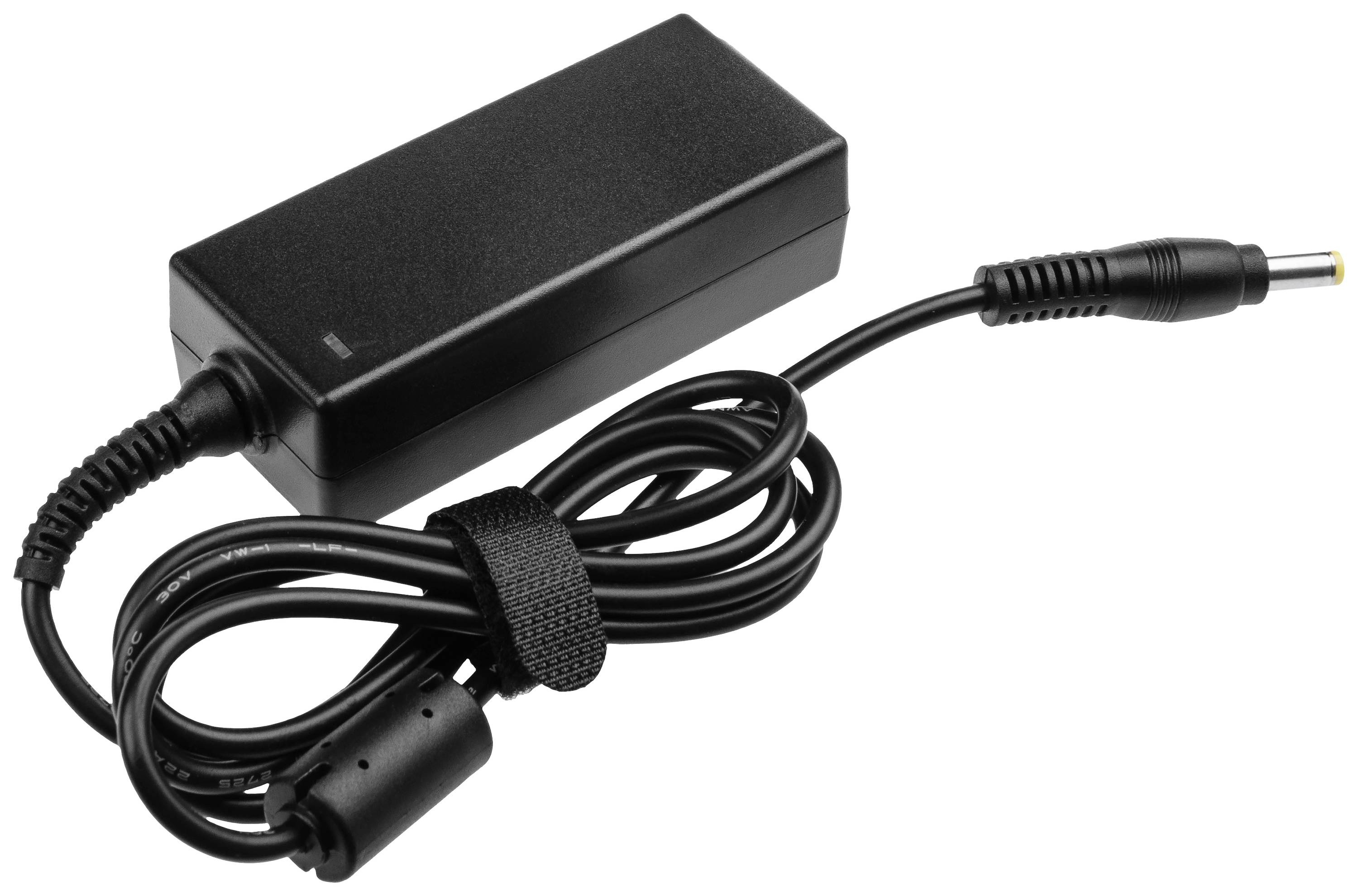 Adaptateur secteur noir pour ordinateur portable avec un long câble enroulé en boucles.
