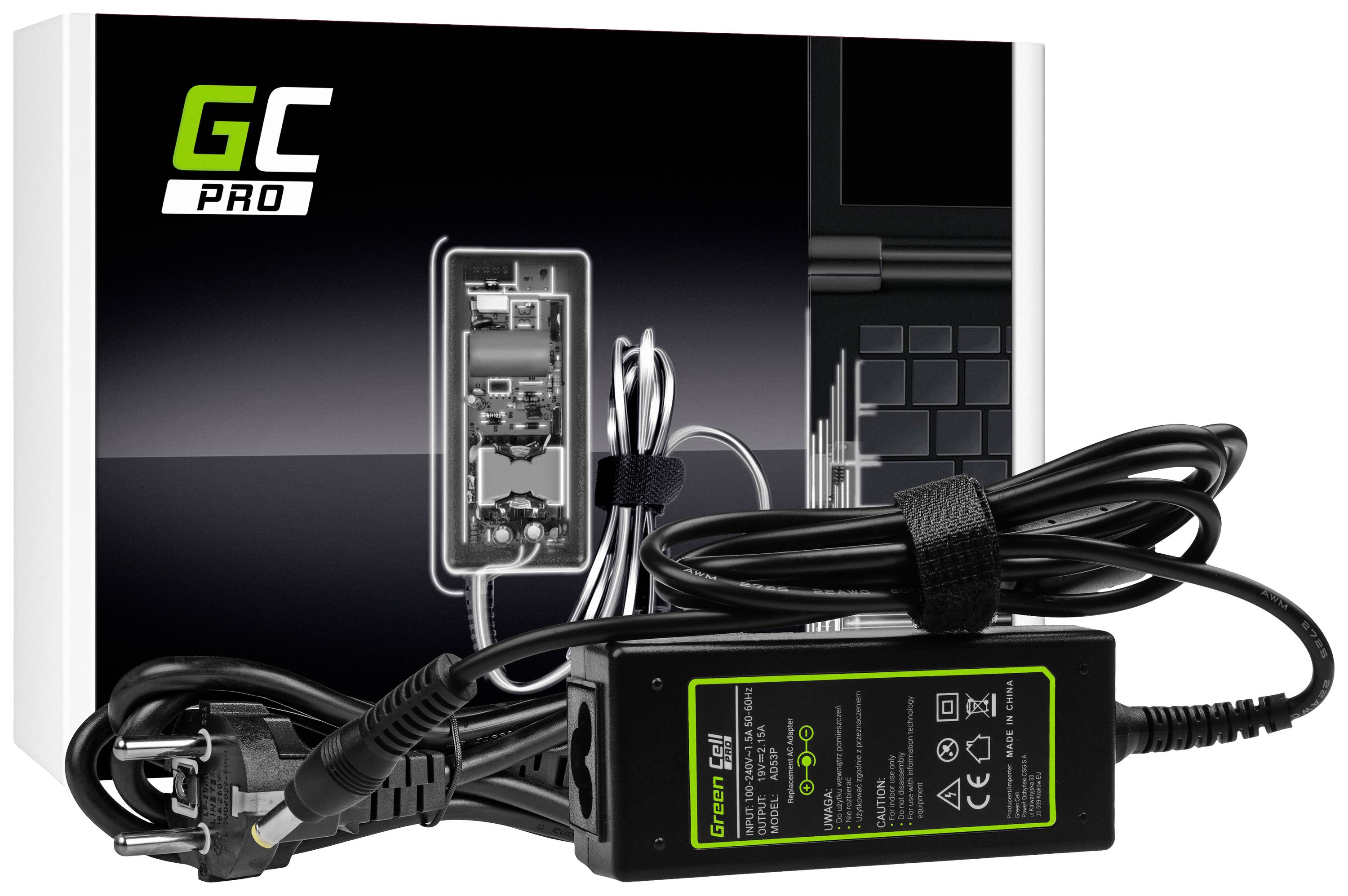 Chargeur pour ordinateur portable 'GC PRO' avec emballage illustré. Petit boîtier avec câbles et prise. L'emballage présente l'électronique interne.