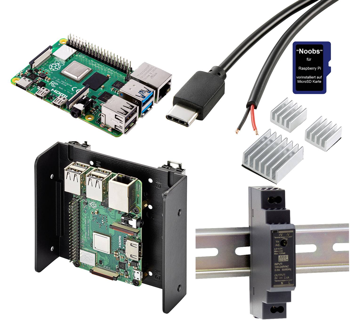 TRU COMPONENTS Industry Set Raspberry Pi® 4 B 1 GB 4 x 1.5 GHz avec boîtier rail DIN, avec alimentation rail DIN, avec cordon USB