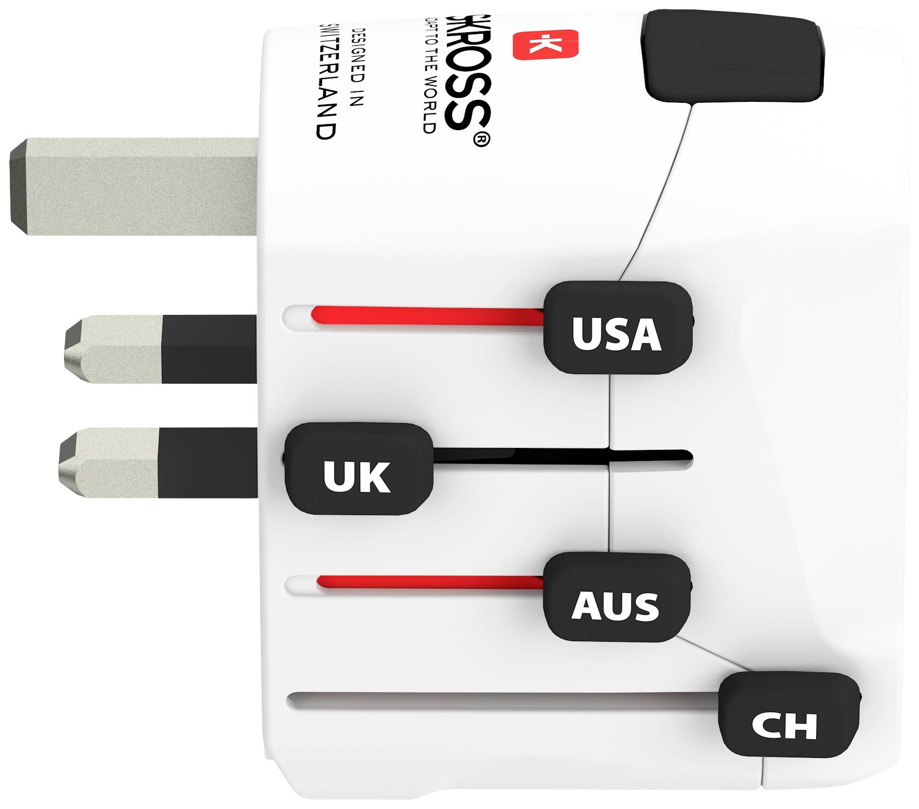 Un adaptateur de voyage blanc avec des fiches coulissantes pour le Royaume-Uni, les États-Unis/l'Australie et la Suisse, adapté aux connexions électriques internationales.