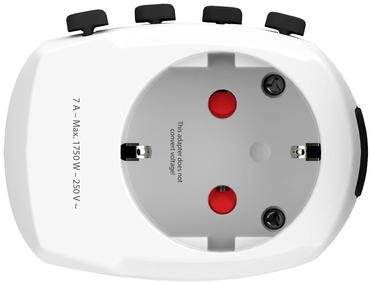 Un adaptateur avec connexion secteur porte l'inscription '7 A - Max 1750 W - 250 V~' et avertit 'Cet adaptateur ne convertit pas la tension'.
