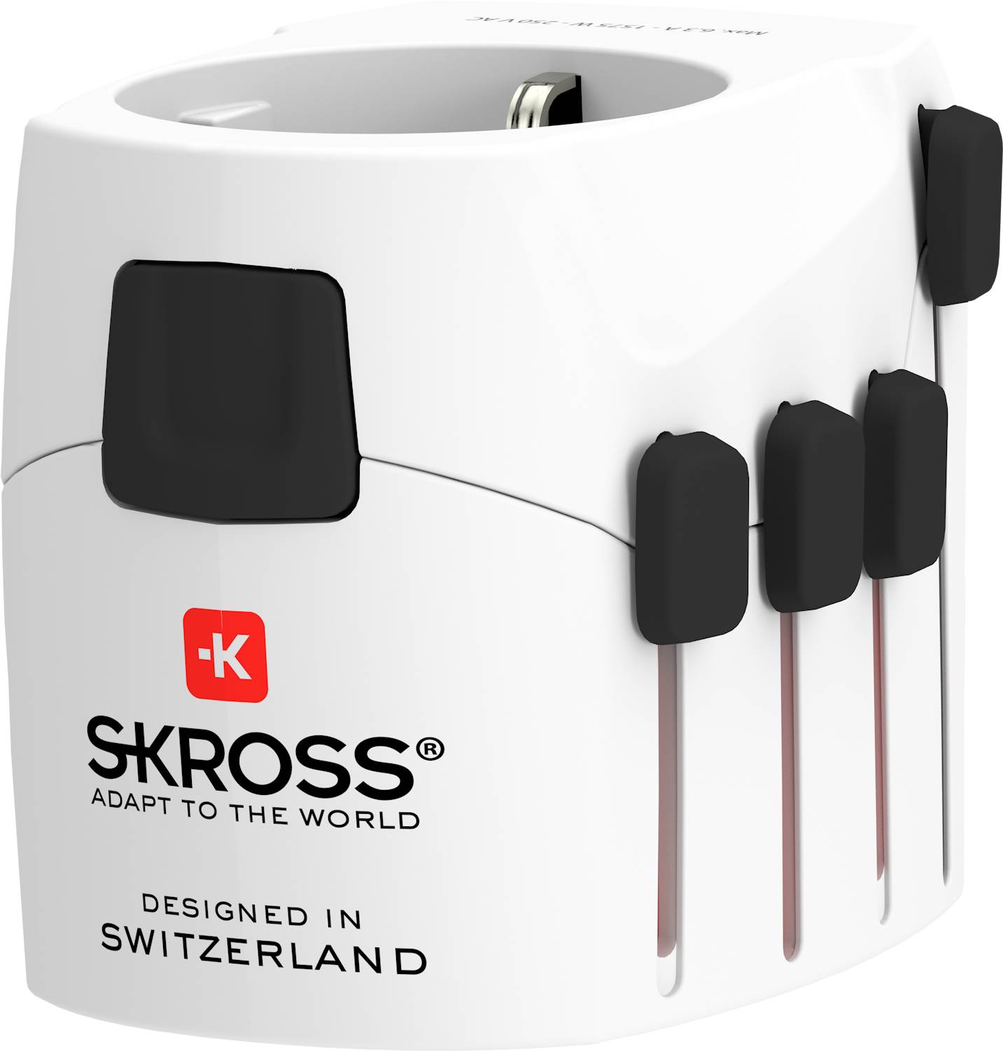 Adaptateur de voyage SKROSS, blanc, avec logo noir, fabriqué en Suisse, universellement utilisable, avec plusieurs fiches extractibles.