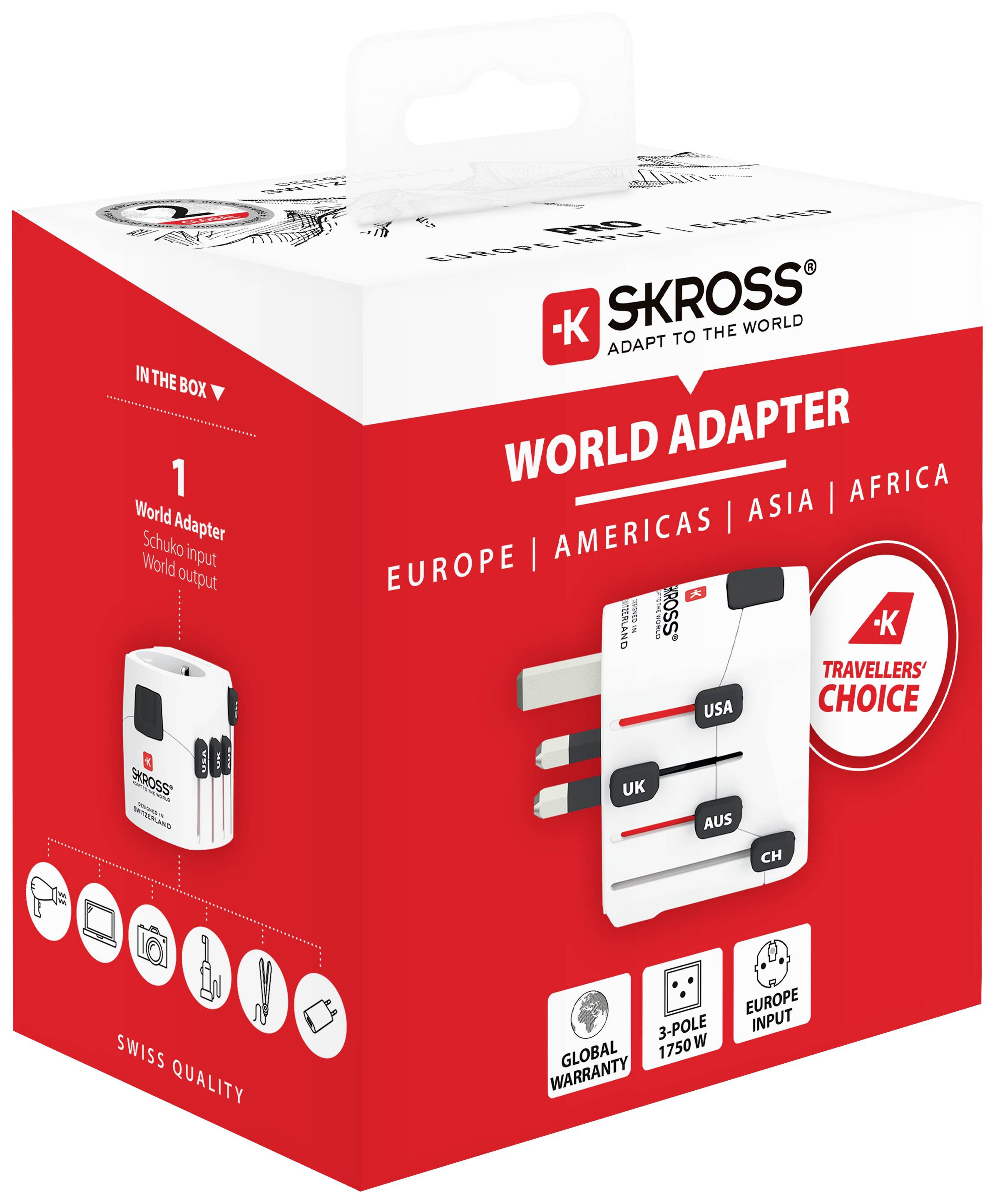 Adaptateur de voyage Skross pour l'Europe, l'Amérique, l'Asie et l'Afrique. Comprend un adaptateur tripolaire avec port USB. Recommandé aux voyageurs.