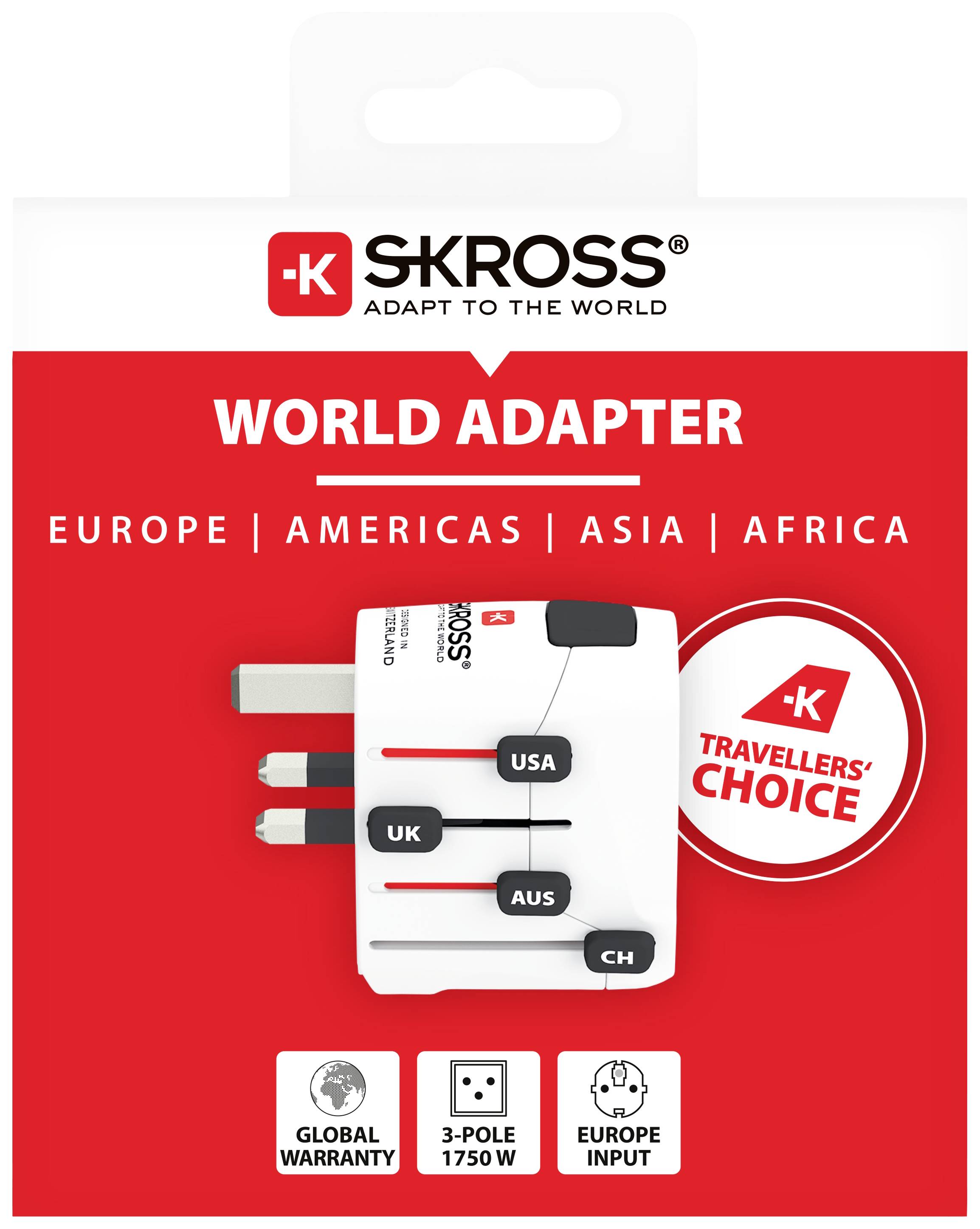 'Adaptateur de voyage SKROSS' Emballage, présente un adaptateur international avec des fiches pour l'UE, le Royaume-Uni, les États-Unis, l'Australie et la Suisse. Régions : Europe, Amérique, Asie, Afrique.