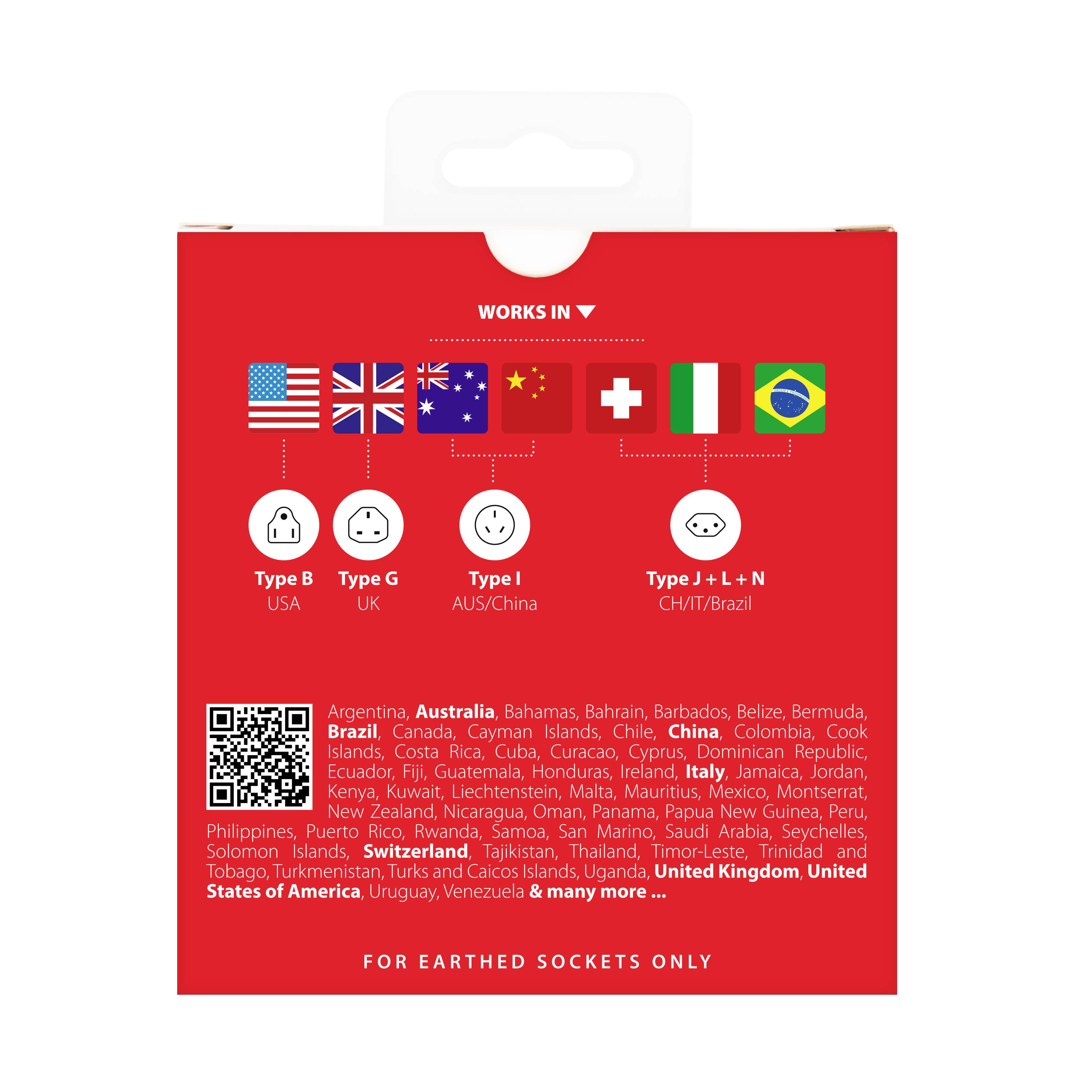 Face arrière d'un emballage rouge avec un diagramme international des types de prises d'adaptateur, comprenant les types B, I, G, L et N. Liste de nombreux pays.