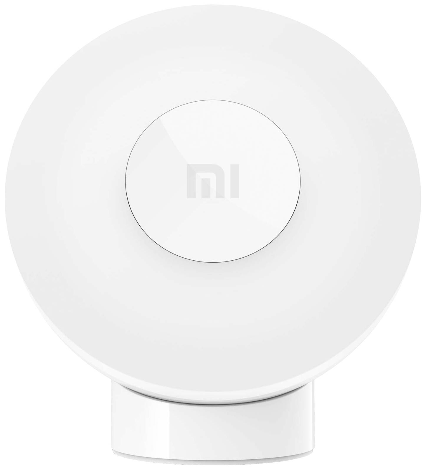 Lampe LED blanche, ronde, avec le logo 'mi' au centre. Elle présente une forme simple et moderne.