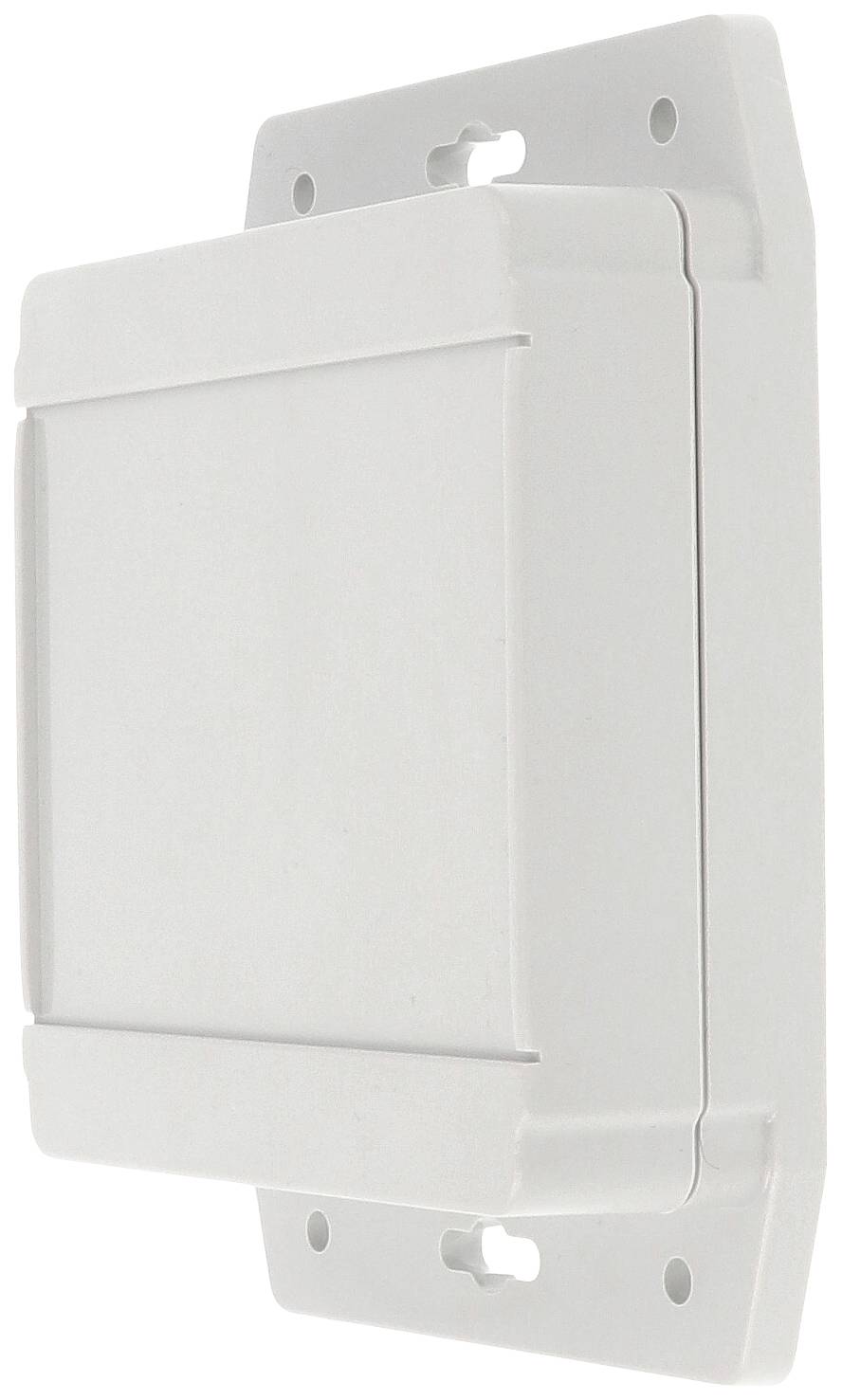 Boîte en plastique blanc avec couvercle, montée sur un support mural, adaptée aux installations électriques ou aux appareils extérieurs.