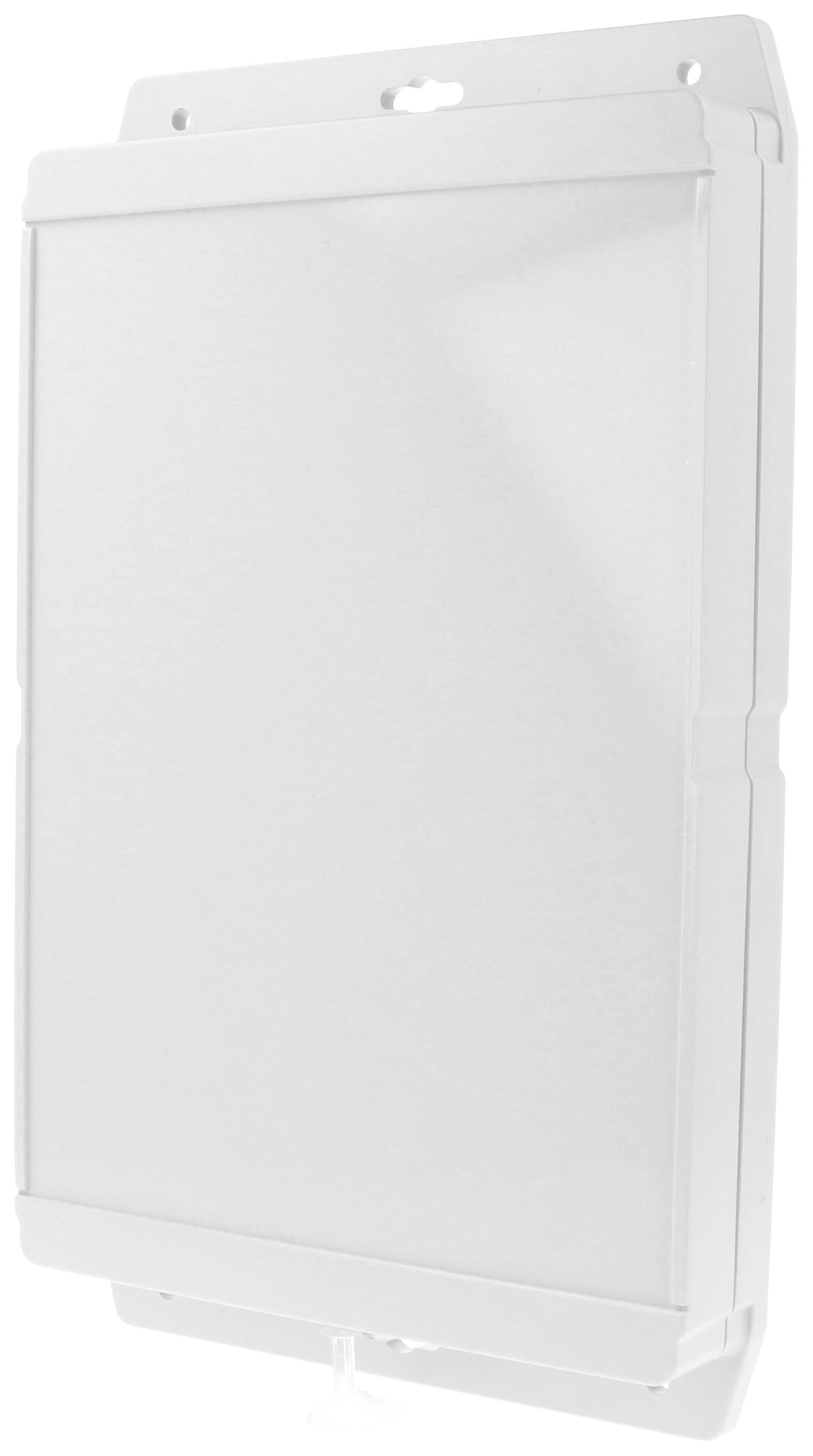 Un cadre pliable blanc vide avec des angles arrondis et un couvercle transparent, adapté à la présentation ou à l'étiquetage.