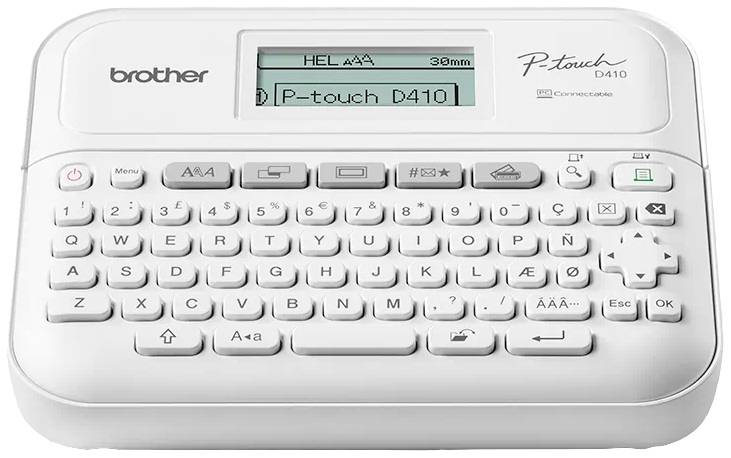 Un appareil d'étiquetage électronique blanc avec un clavier QWERTZ et un écran affichant 'P-touch D410'.