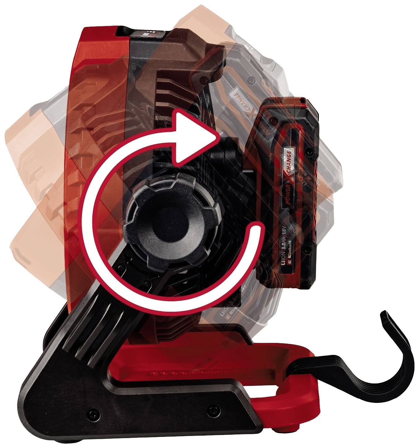 Ventilateur portable rouge et noir avec crochet de suspension. Le ventilateur est pivotant autour d'un axe, comme l'indique une flèche blanche.