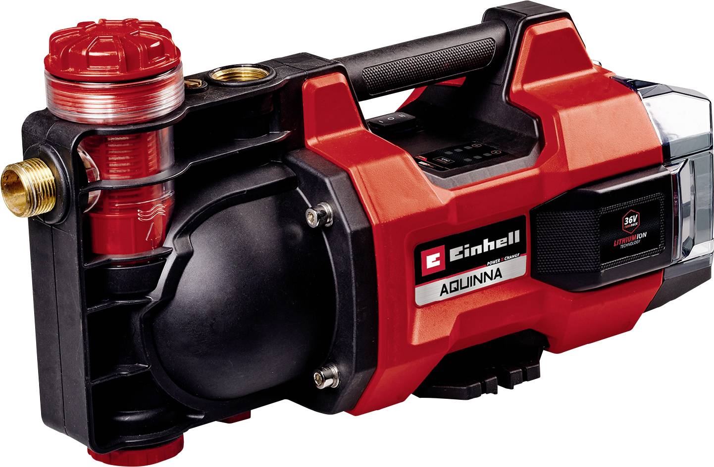 Pompe à eau portable Einhell AQUINNA rouge et noire avec poignée de transport et connexions de tuyau, présentée sur un fond blanc.