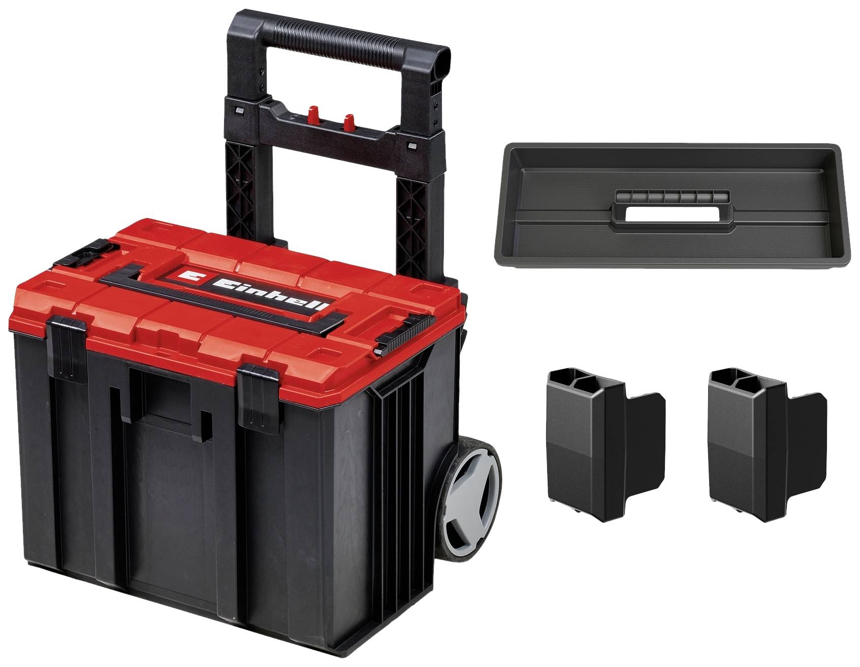 Boîte à outils Einhell avec roues, couvercle amovible et accessoires. Idéale pour le transport et le rangement des outils.
