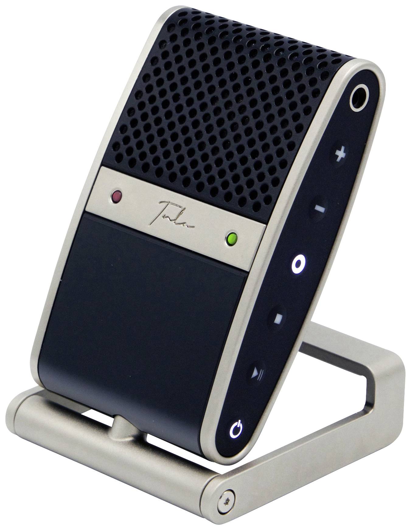 Un microphone-haut-parleur portable moderne avec un cadre argenté et des commandes noires, comprenant un bouton de réglage du volume et un interrupteur marche/arrêt.