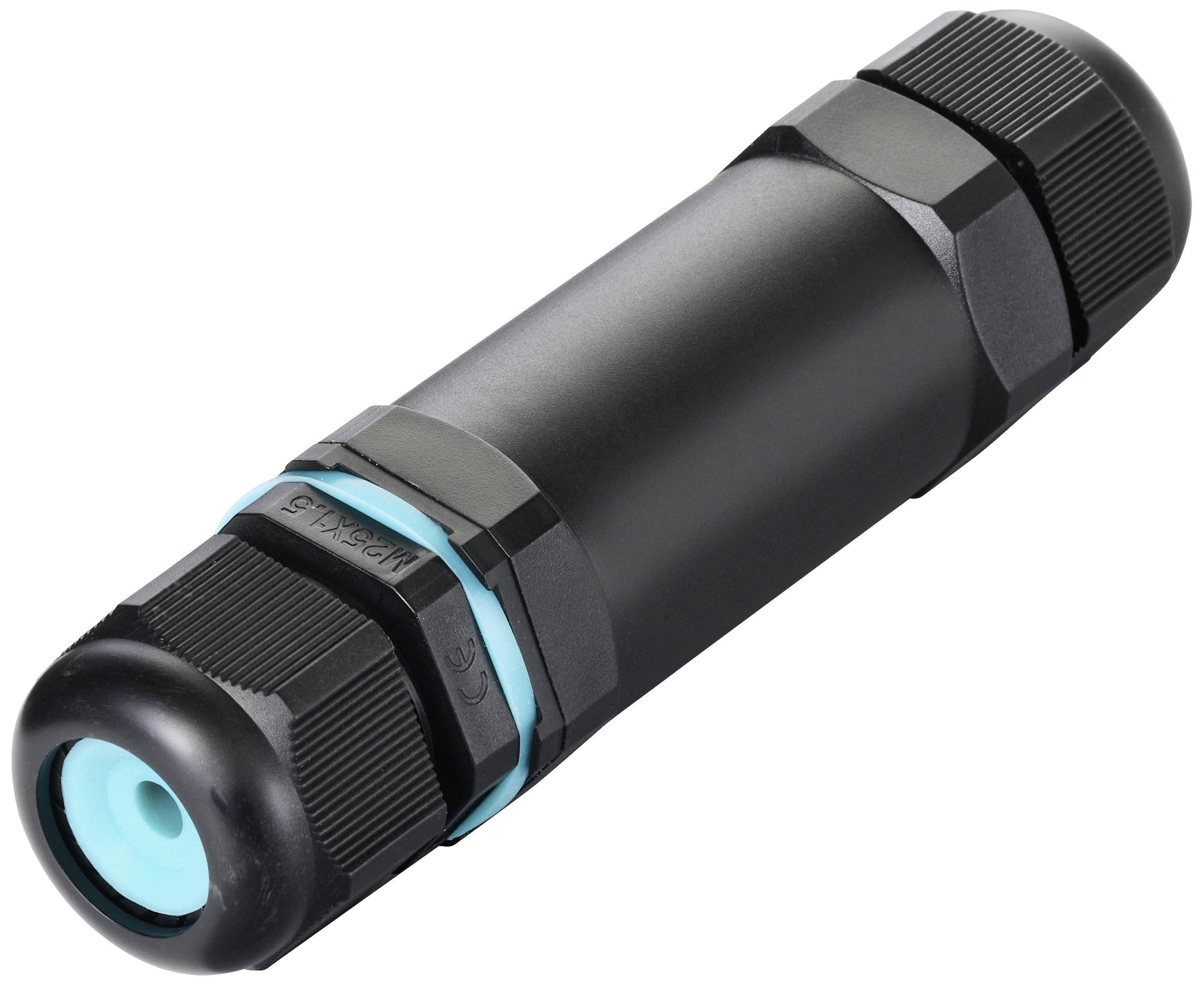 Un connecteur cylindrique noir avec des touches bleues, conçu pour relier des câbles électriques en extérieur.