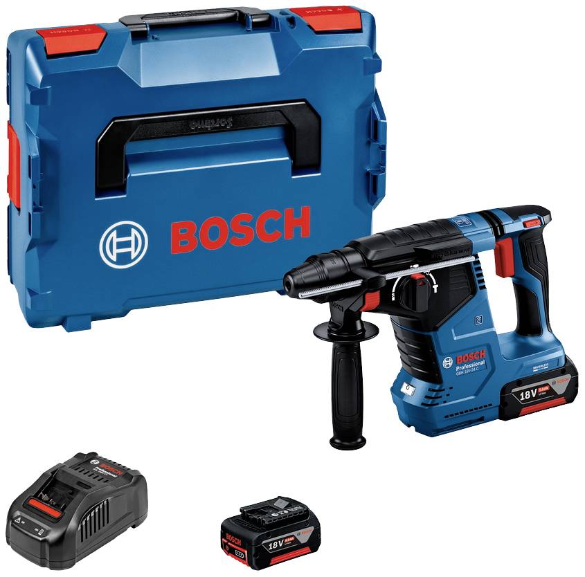 Marteau perforateur à batterie Bosch avec poignée ergonomique, batterie et chargeur à côté d'un coffret de transport. Idéal pour les travaux de perçage.
