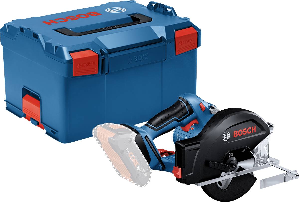 Scie circulaire sans fil Bosch dans un coffret bleu avec fermeture rouge, pour travaux sur bois.