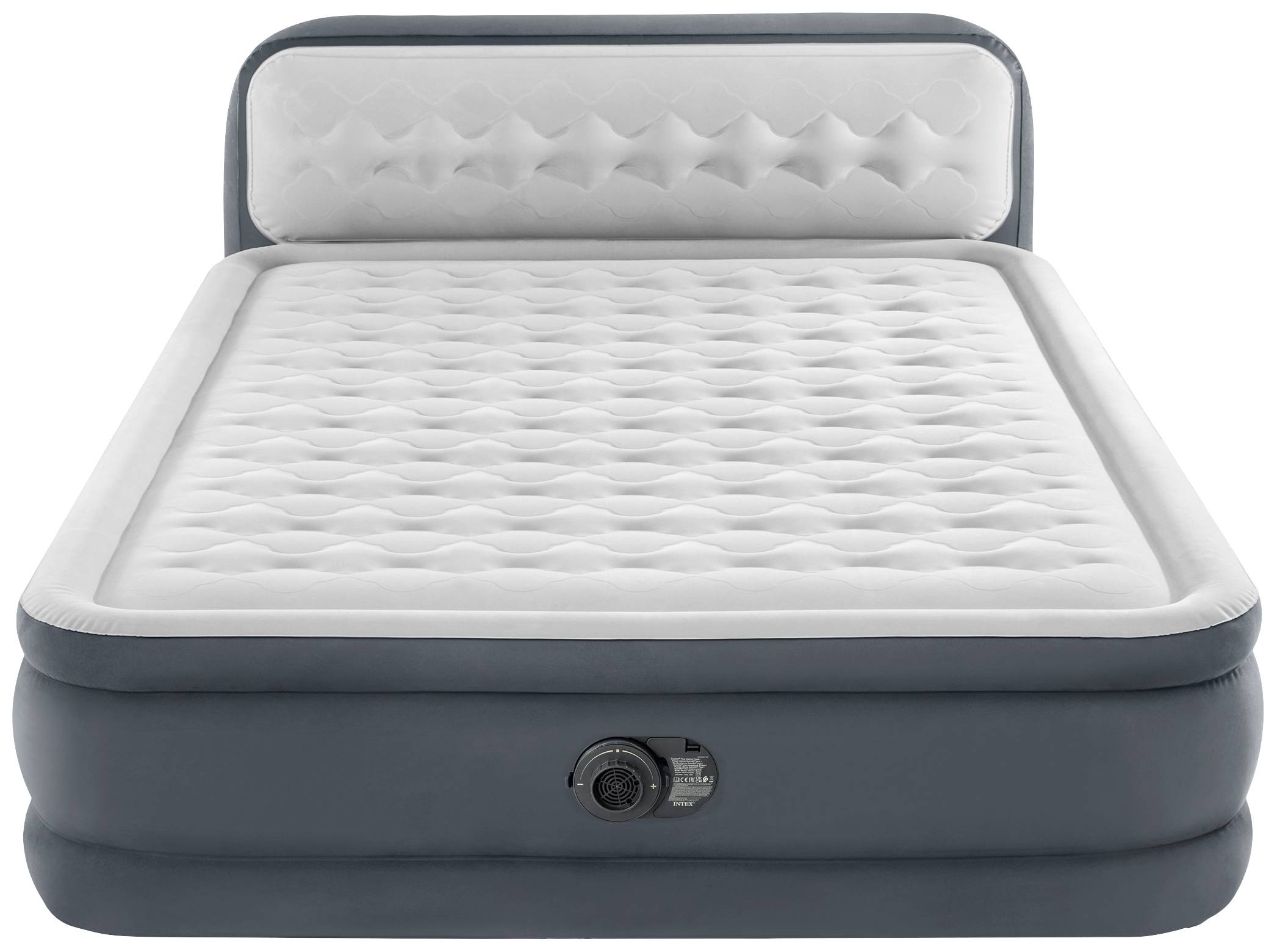 Matelas gonflable avec pompe intégrée, gris et blanc, taille double. Surface rembourrée et bords surélevés pour plus de confort.