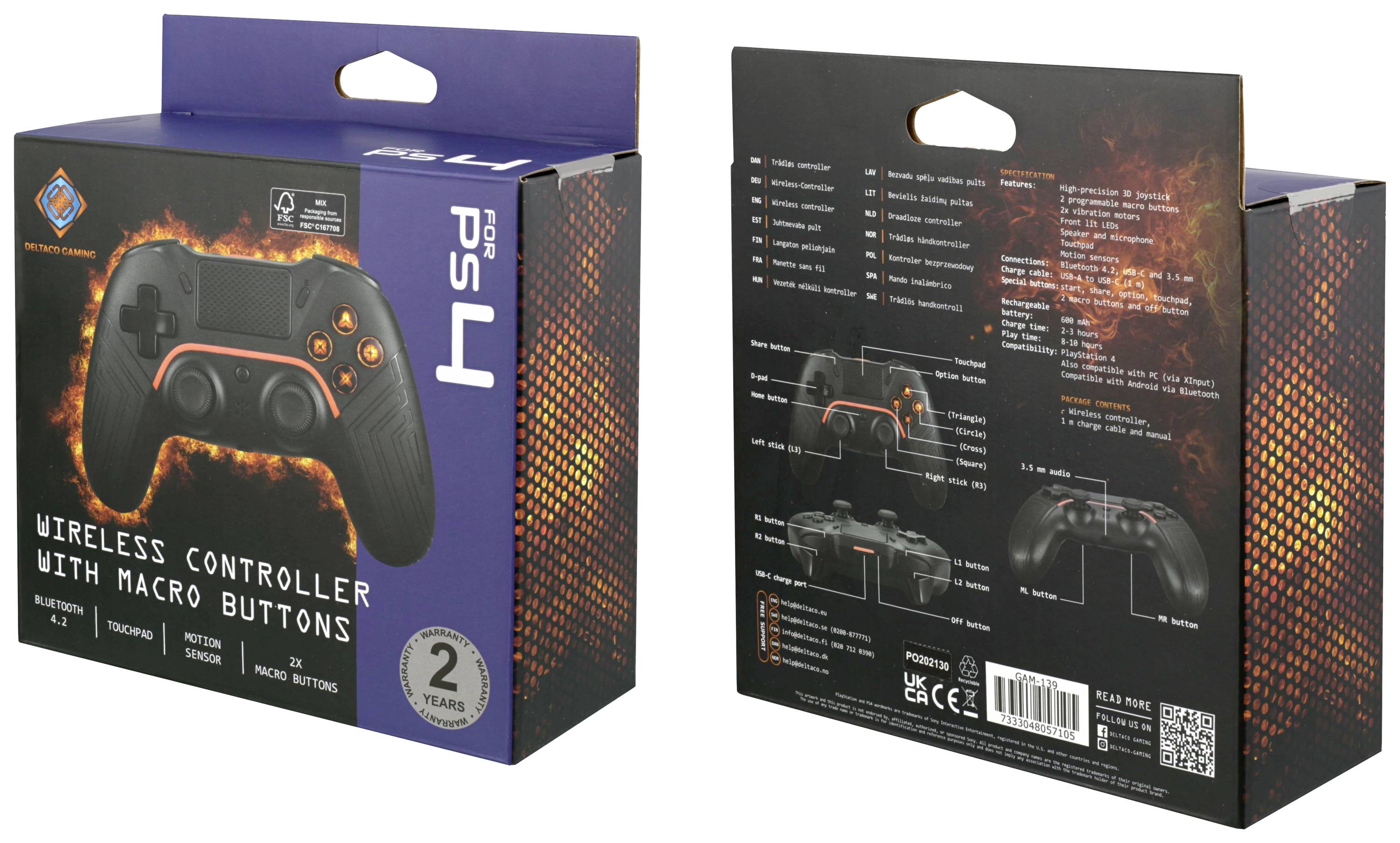 DELTACO GAMING Wireless PS4 & PC Controller Manette PlayStation 4, PC, Android, iOS noir