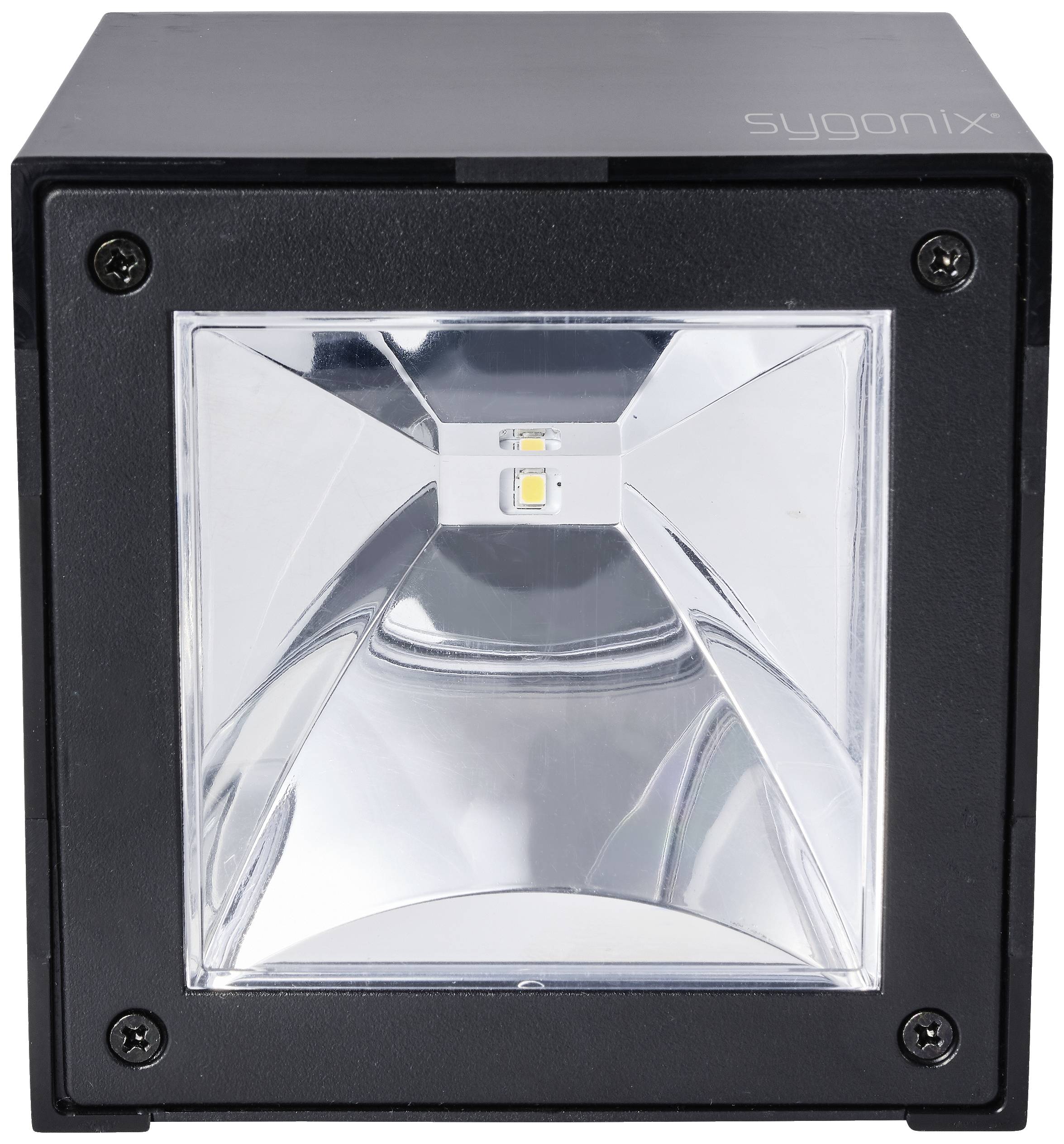 Applique murale LED carrée avec boîtier noir et partie intérieure réfléchissante, adaptée à l'éclairage extérieur moderne.