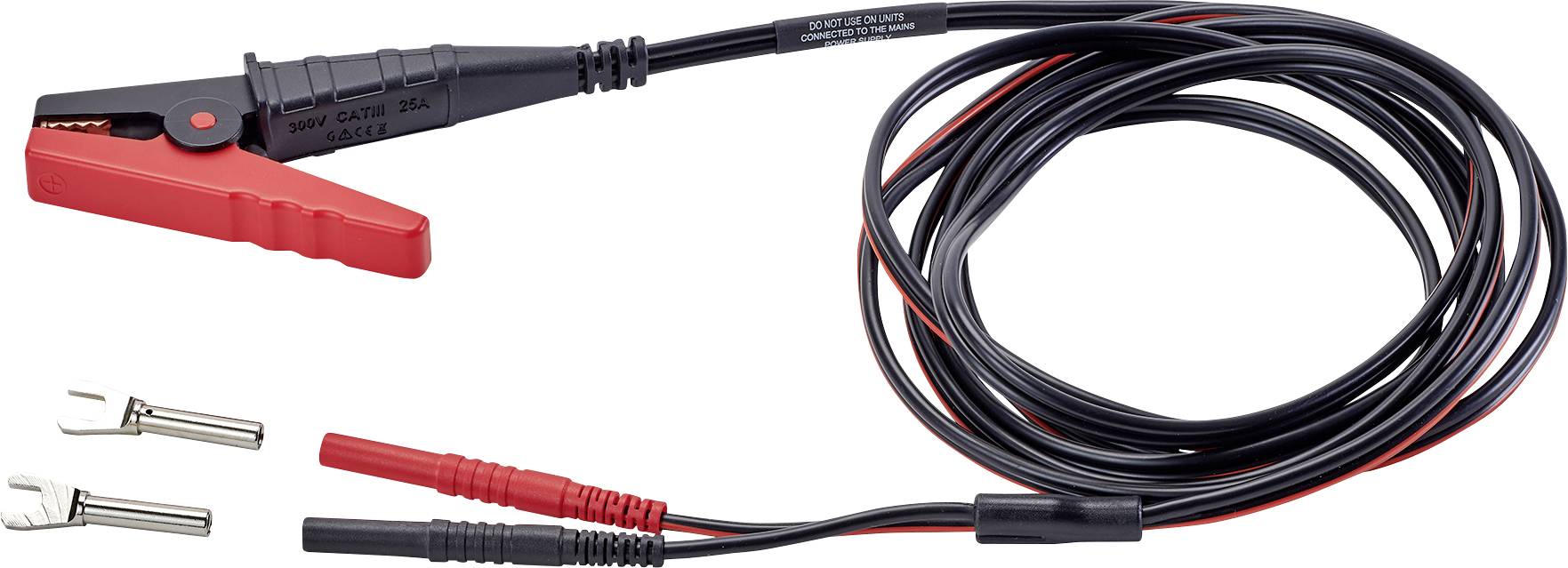 Un câble avec une pince crocodile et deux connexions enfichables, utilisé pour connecter et alimenter des appareils électriques.