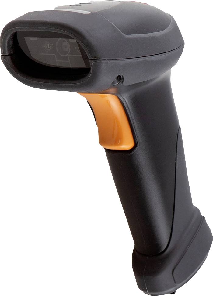 Un scanner portable noir et orange utilisé pour la lecture de codes-barres. Idéal pour les systèmes de caisse dans les magasins.