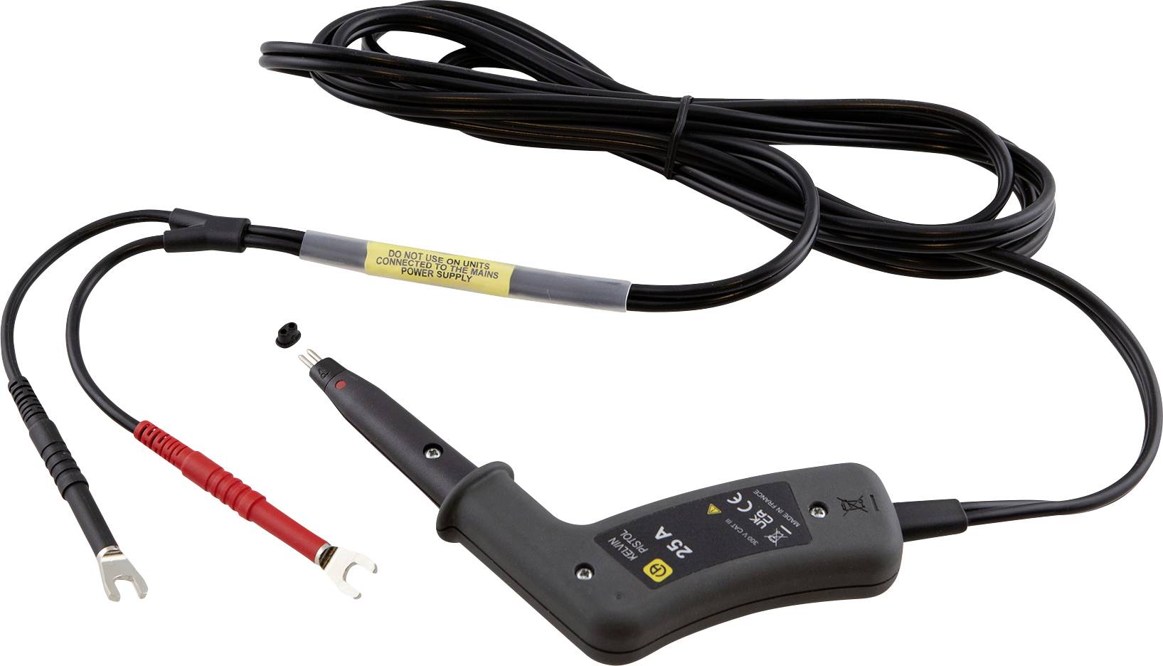 Testeur de tension avec pointes de mesure et câbles, adapté pour la réalisation de tests et de mesures électriques dans des applications techniques.