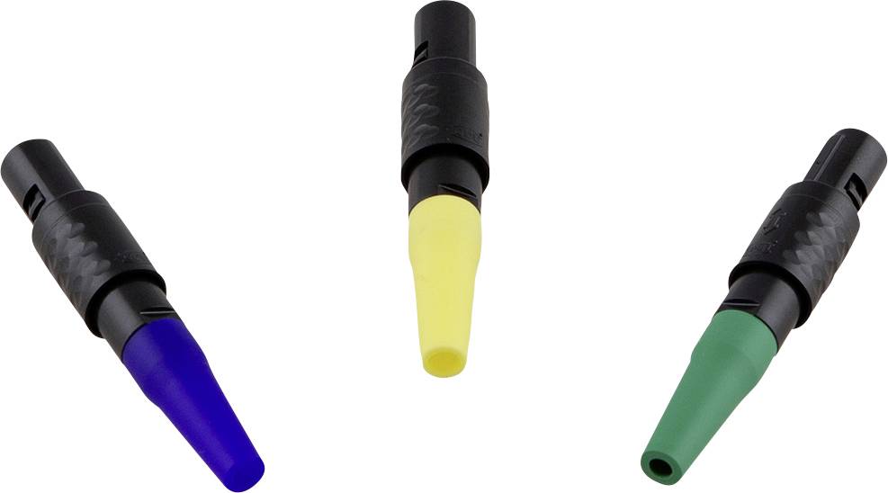 Trois crayons de cire colorés : Bleu, Jaune et Vert. Ils ont des manches noirs et sont disposés sur une surface blanche.
