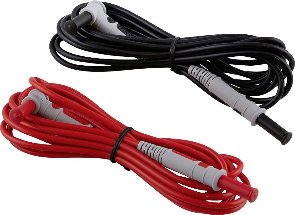 Deux cordons de mesure de multimètre : un noir et un rouge, enroulés avec des connecteurs gris, prêts à être utilisés.