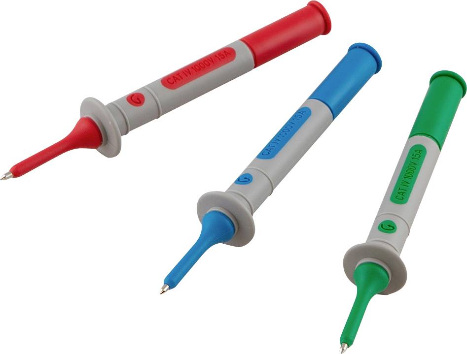 Trois pointes de test colorées côte à côte : rouge, bleu et vert. Elles sont conçues pour des mesures électriques.