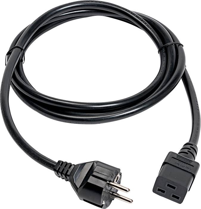 Câble d'alimentation noir avec fiche européenne et connecteur IEC, adapté pour relier des appareils électroniques à une source d'énergie.