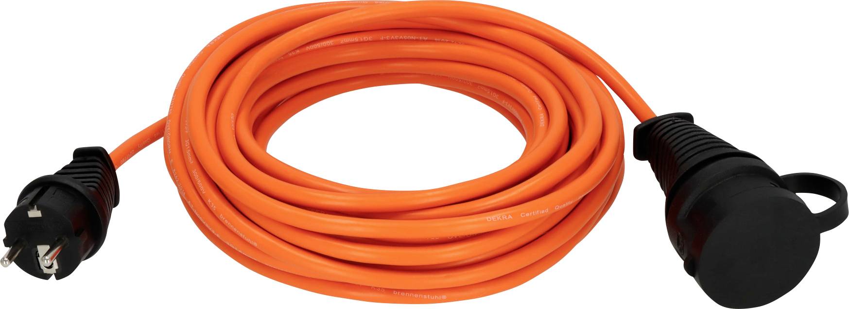 Câble de rallonge orange robuste enroulé avec des extrémités de prise et de socle noires sur un fond blanc.