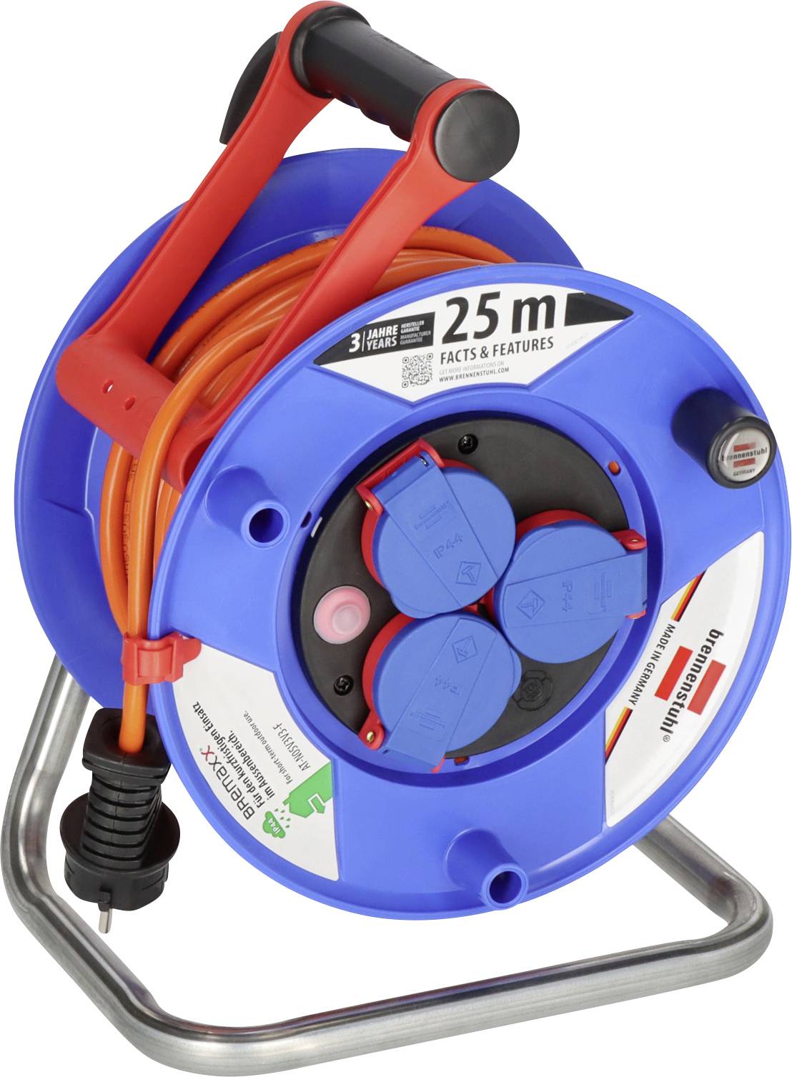 Enrouleur de câble bleu portable avec poignée rouge et rallonge orange, étiqueté 25 m, monté sur un support métallique.