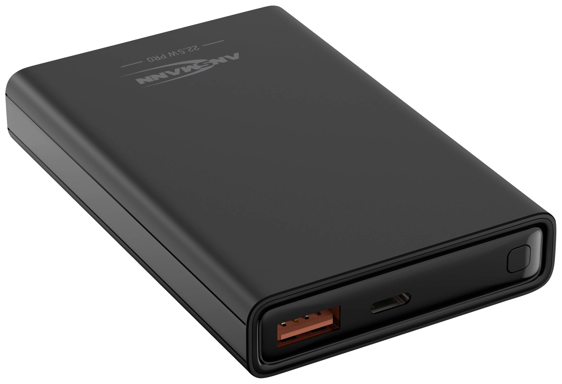 Batterie externe noire avec ports USB et USB-C sur la face avant. Forme rectangulaire, taille compacte.