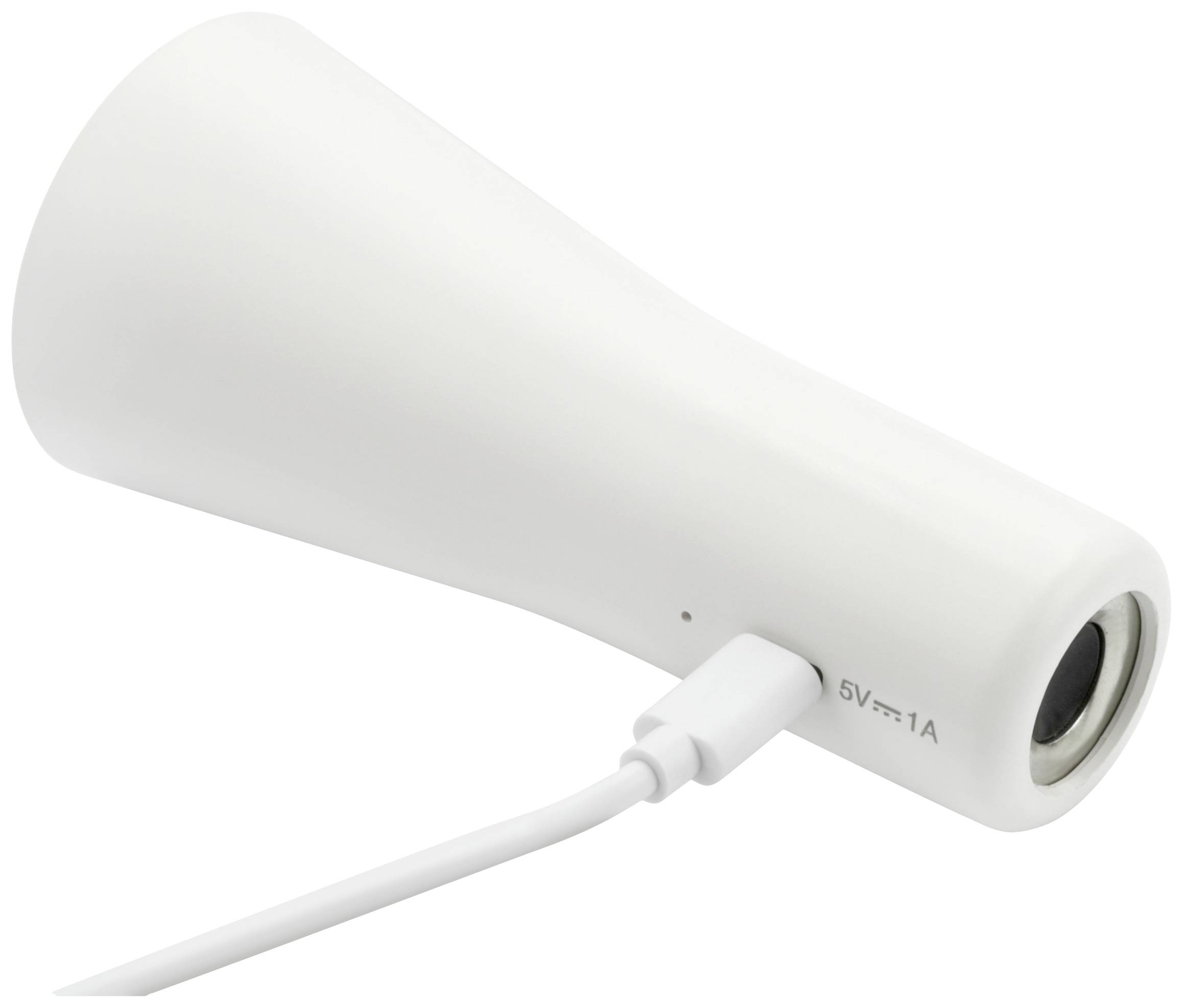 Haut-parleur Bluetooth blanc, conique, connecté par câble.