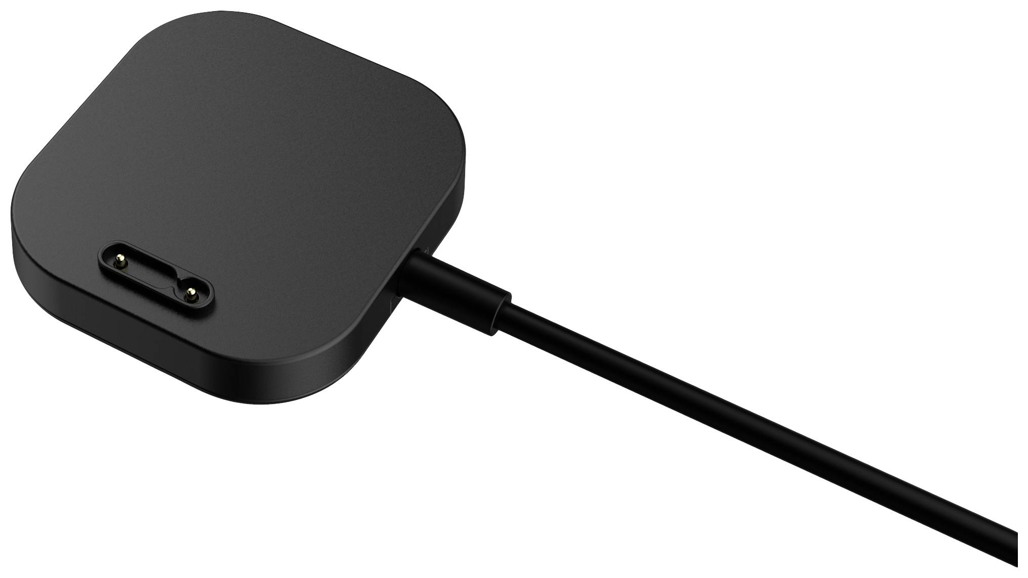 Un chargeur noir, carré, aux coins arrondis, avec un câble intégré, probablement destiné à un appareil avec un connecteur spécifique.