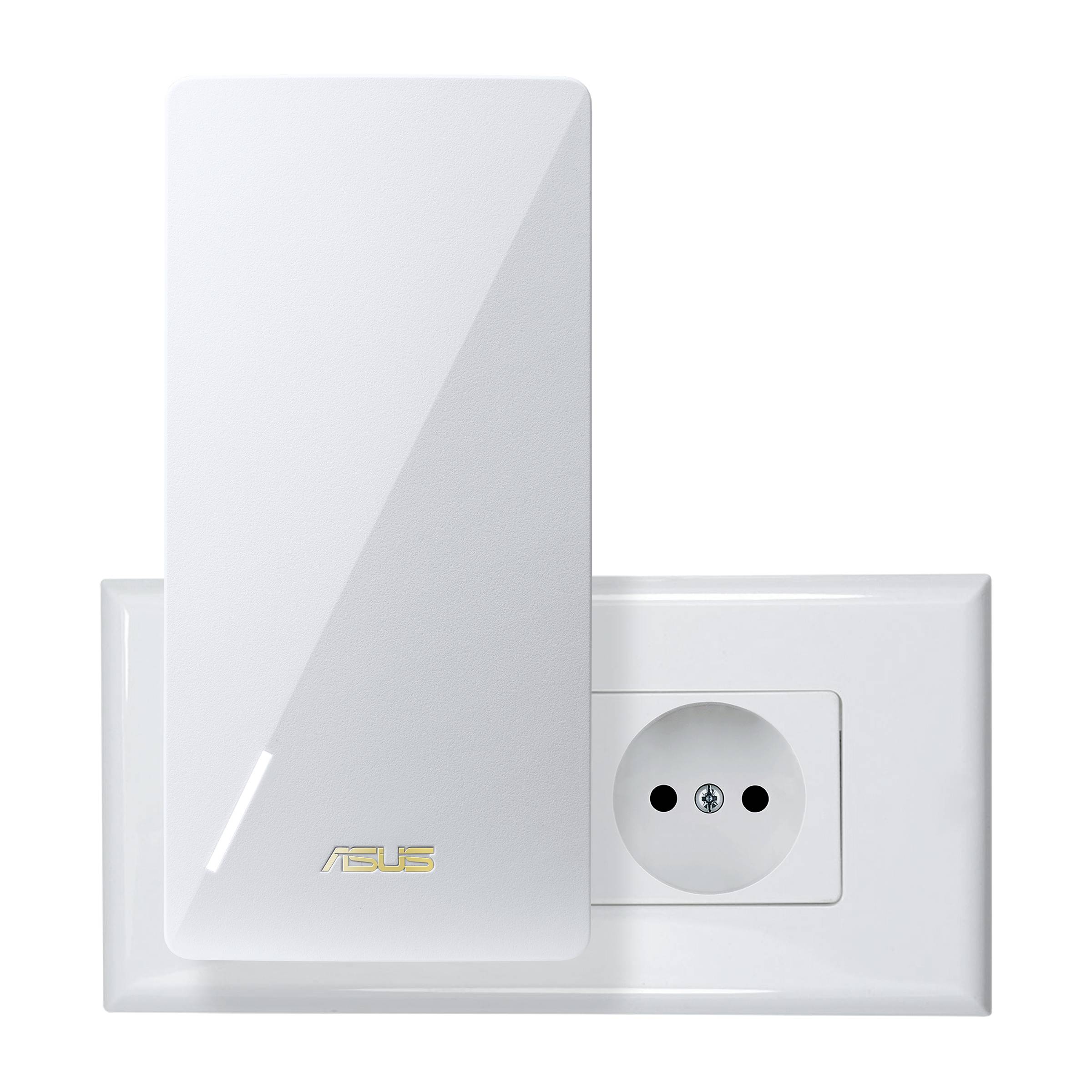 Prise murale blanche avec un appareil rectangulaire connecté. Appareil marqué du logo 'Asus'. Design minimaliste.