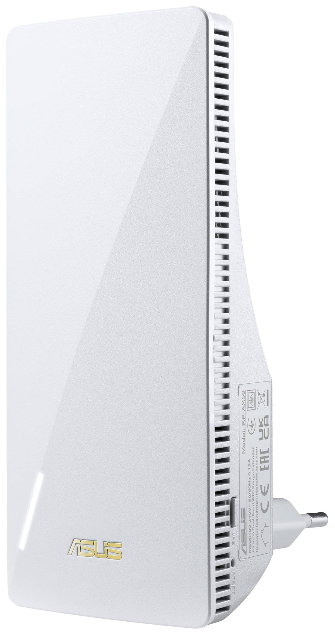 Répéteur Wi-Fi ASUS blanc pour prise murale, avec des fentes d'aération sur le côté.
