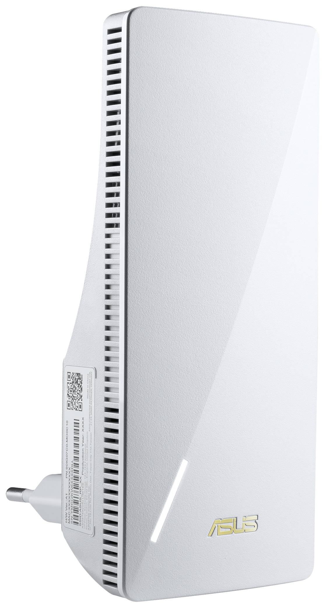 Un répéteur Wi-Fi blanc avec une connexion latérale à une prise électrique. Design sobre avec le logo ASUS en or.