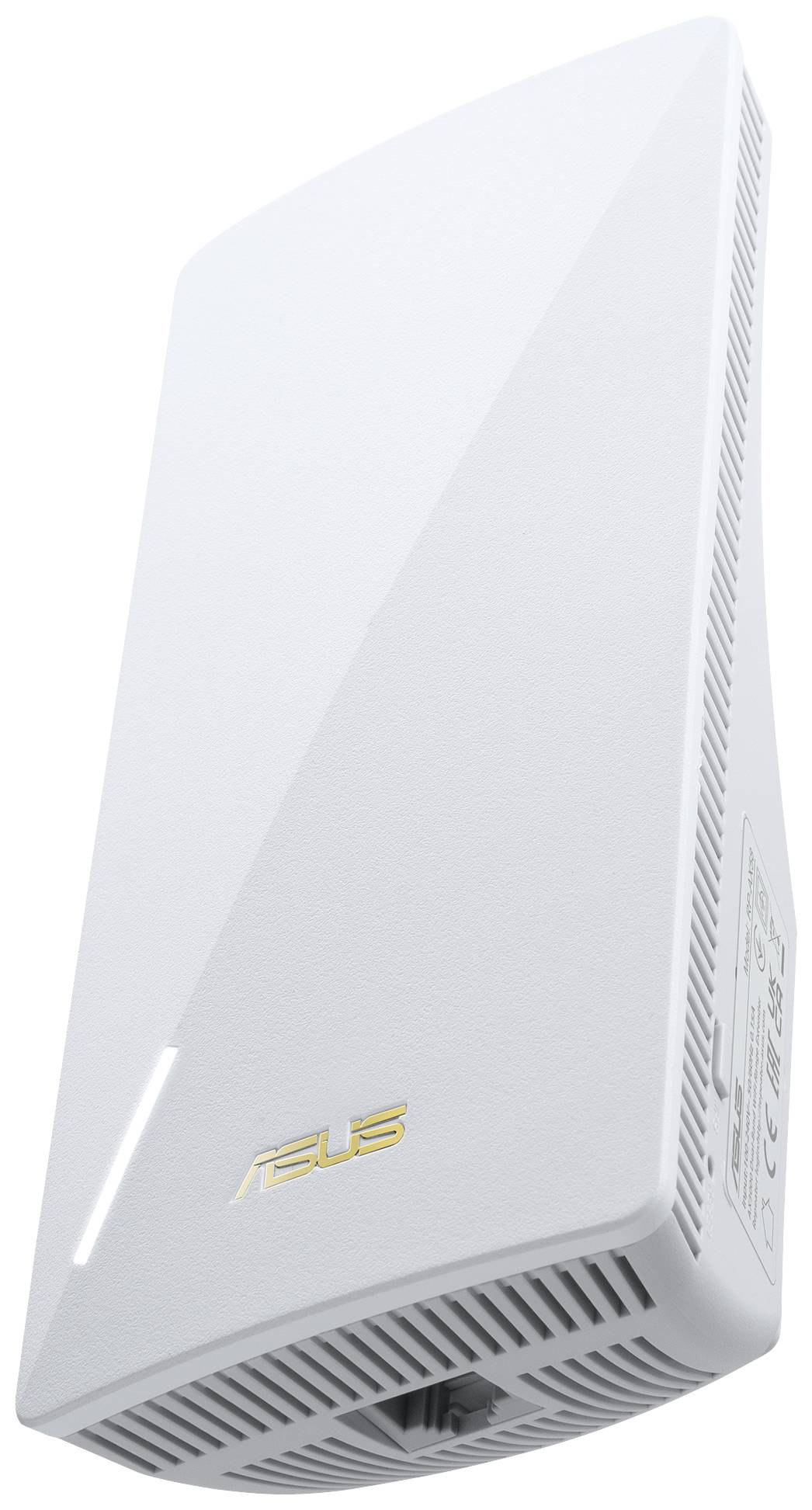 Un routeur Wi-Fi blanc, de forme triangulaire, avec le logo de l'entreprise sur le côté. L'appareil dispose de fentes de ventilation et d'un port Ethernet.
