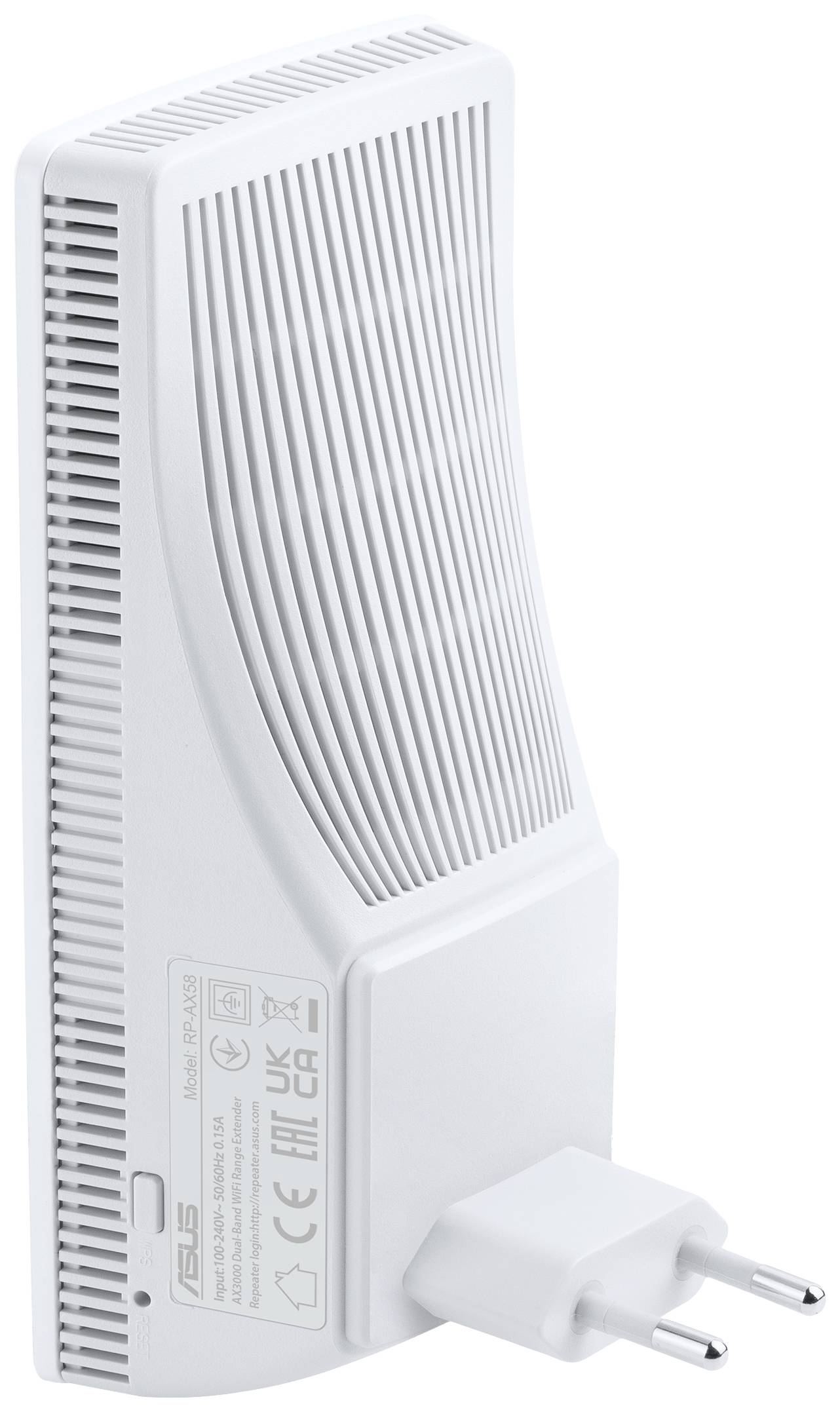 Un répéteur Wi-Fi blanc avec une fiche européenne, orienté verticalement. Des logos de marque et des symboles de certification sont visibles au dos.
