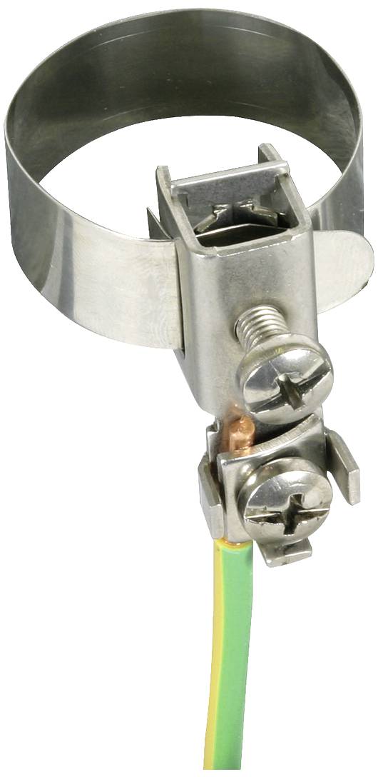 Pince de mise à terre métallique avec câble connecté ; utilisée pour la mise à terre des appareils électriques et la protection contre les perturbations électriques.