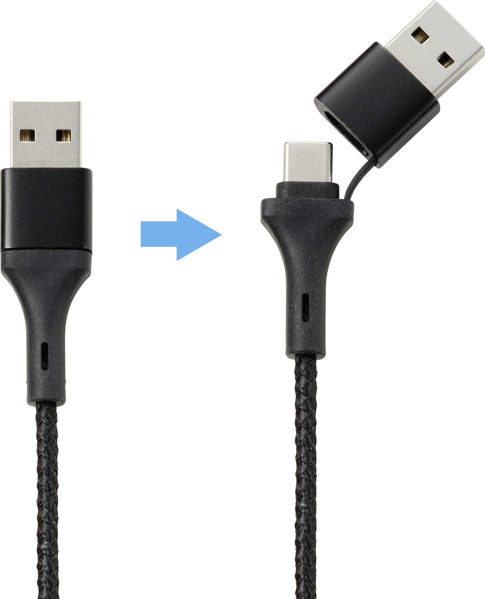 Câble USB avec adaptateur USB-C amovible, la flèche indique le passage de USB-A à USB-C.