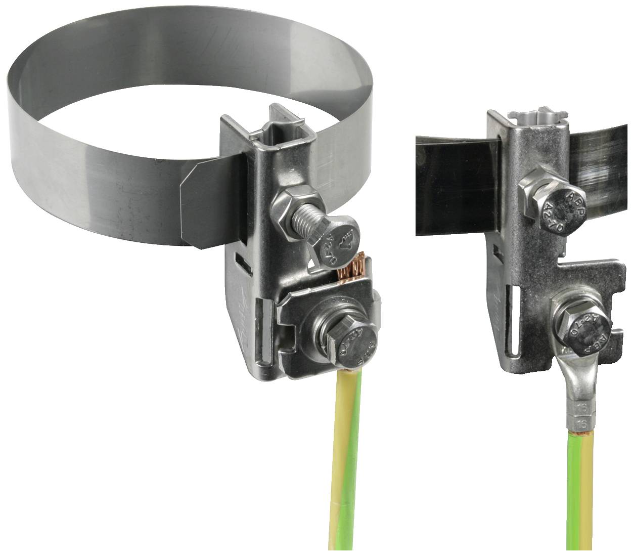 Deux colliers de serrage métalliques avec câbles de terre pour raccordements de tuyaux, montrant différentes possibilités de fixation.