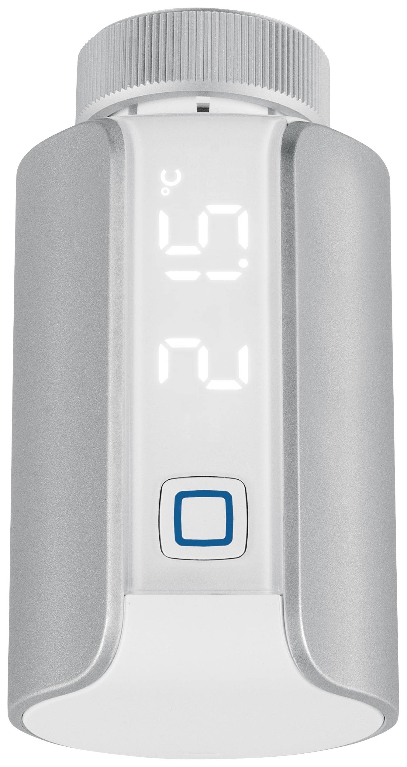 Un thermostat numérique avec réglage de température, affichant 21,5 degrés Celsius. Boîtier argenté avec un écran central.