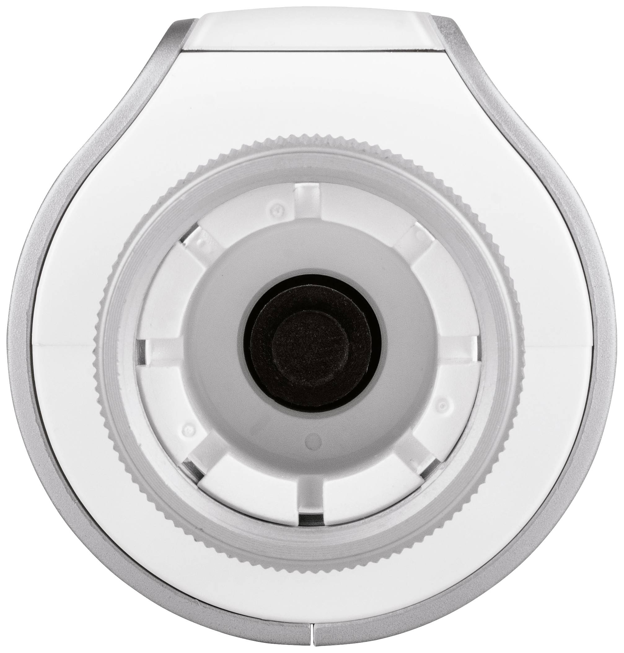 Un gros plan d'un appareil rond blanc avec un bouton noir central, probablement un dispositif électronique ou un accessoire.