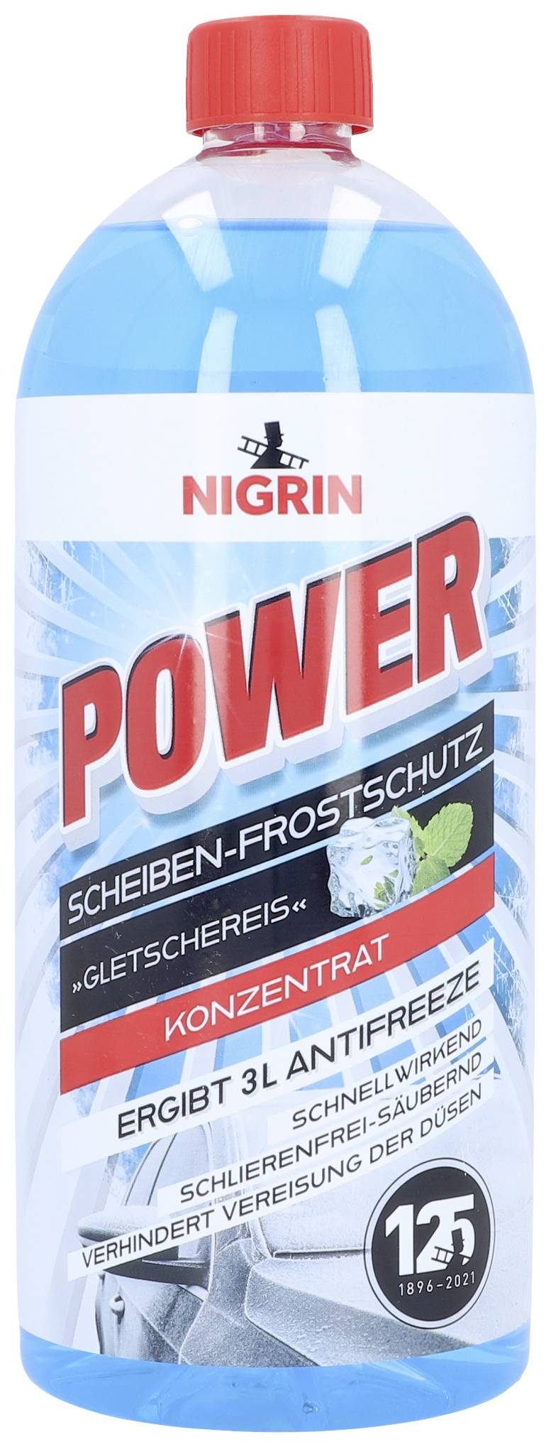 Une bouteille bleue de Nigrin Power Antigel pour Pare-Brise. Concentration de 3 litres, protège contre le gel. Étiquette du 125e anniversaire.