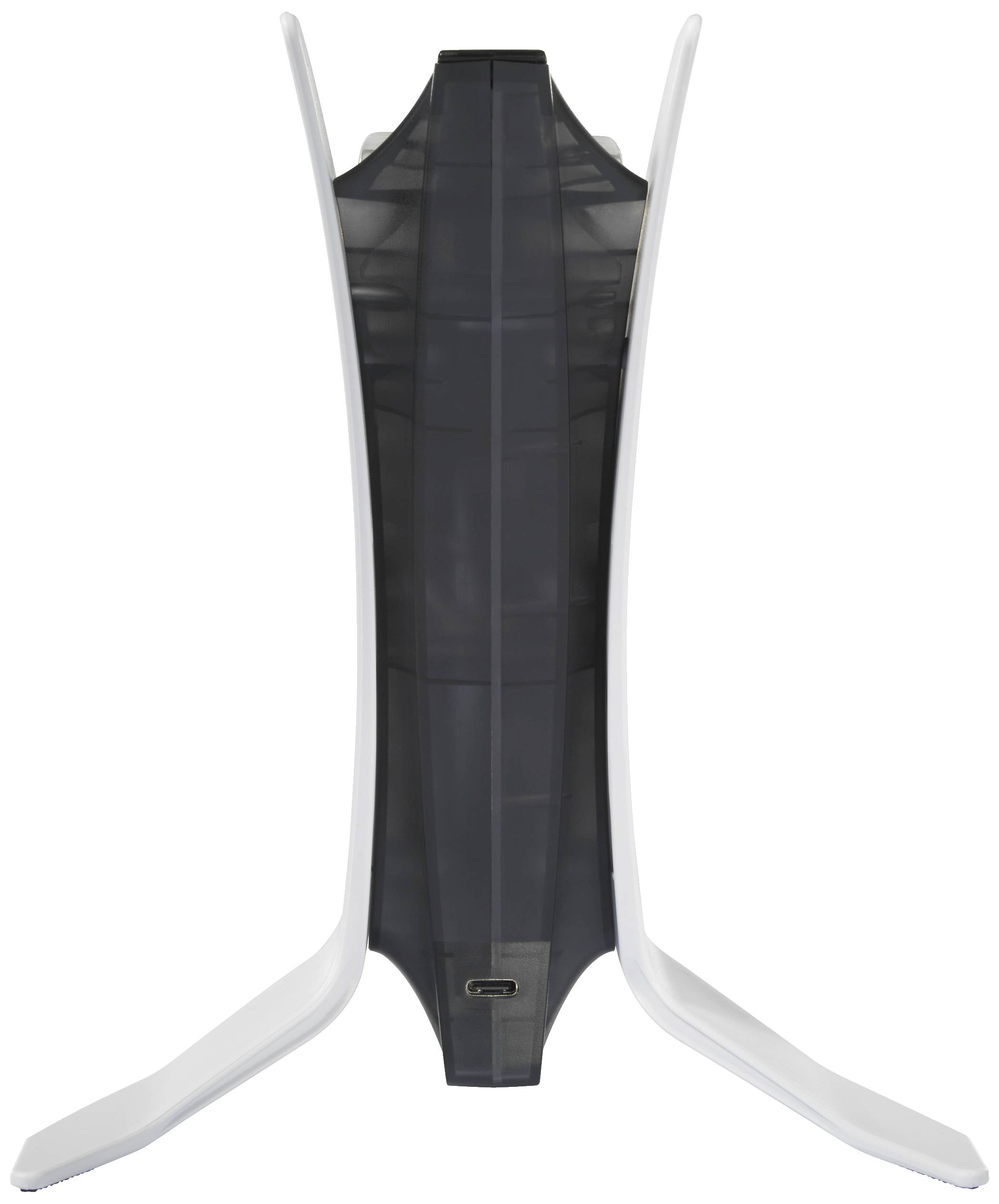 Présentoir en plastique mi-transparent avec une partie centrale noire et des ailes latérales blanches.