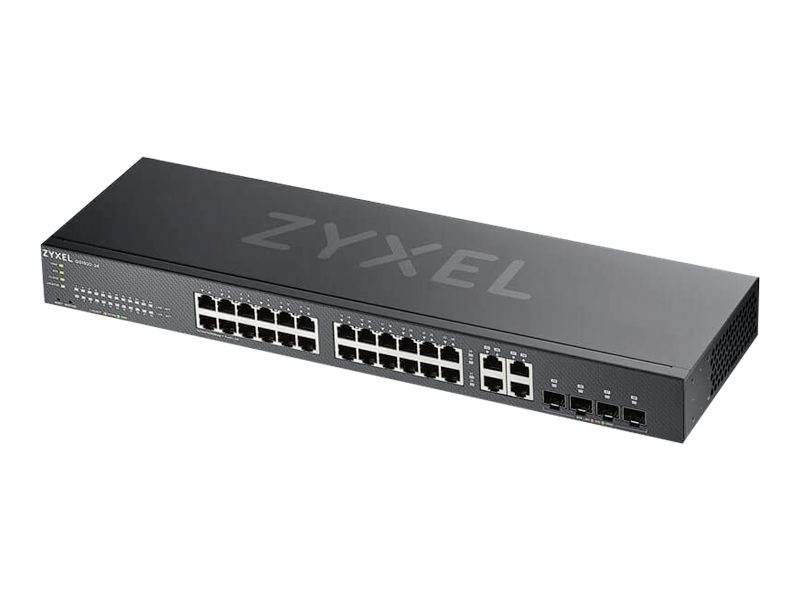 Un commutateur réseau noir de Zyxel avec 24 ports Ethernet et 4 ports SFP. Idéal pour les réseaux d'entreprise.