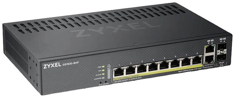 Switch réseau ZXEL GS1920 avec huit ports Ethernet et deux ports SFP, adapté aux applications industrielles.