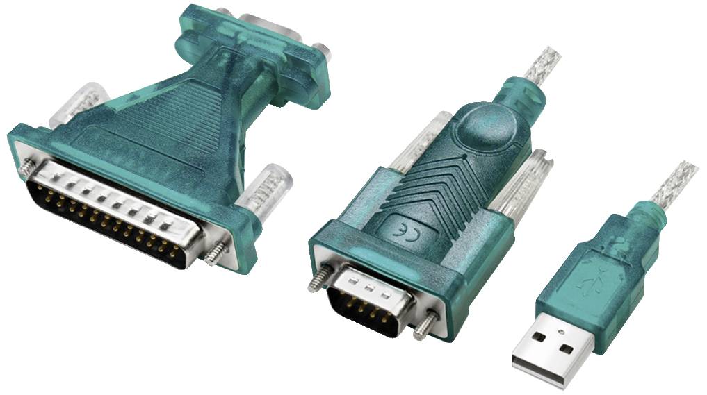 Trois adaptateurs de câble USB : à gauche une fiche DB25, au milieu une fiche DB9, à droite une fiche USB. Chaque adaptateur est de couleur turquoise.